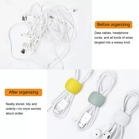 Before and after showing tangled cables organized with Multi Pack Cable Clips For Travel, Desk, And Home. Mixed colors, strong grip.