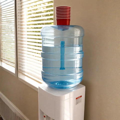 5 Gallon BPA Free Water Bottle Reusable Jug With Large Capacity Polycarbonate Container Universal Top Load And Bottom Load Dispenser Compatibility For Home And Office Use on white dispenser