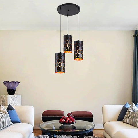 3 Light Modern Kitchen Island Pendant Lights With Cylindrical Metal Cage over living room with round base and gold inner black finish