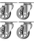 4 Pack Heavy Duty All Steel Swivel Caster Wheels Built Tough With Rock Solid High Gauge Construction And 3.5 Inch Diameter Gray Finish Hella Durable 350 Lbs Load Capacity close-up view showing four swivel caster wheels with gray finish and solid mount plates.