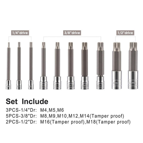 M Type Spline Bit Socket Set With S2 Alloy Bits And Chromium Vanadium Sockets Extra Long Four Inch Length Heavy Duty