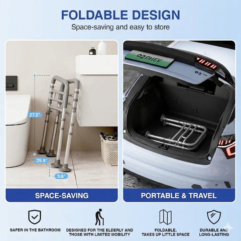 Foldable Solid Heavy Duty Toilet Safety Rails For Seniors Adjustable Height And Width 350 Pounds Rust Resistant Aluminum in storage.
