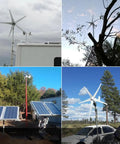 Portable Solar And Wind Hybrid Generator 3500W with 5-blade turbine and solar panels in diverse settings for off-grid use