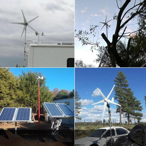 Portable Solar And Wind Hybrid Generator 3500W with 5-blade turbine and solar panels in diverse settings for off-grid use