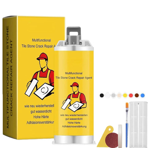 All In One Tile Crack Repair Kit For DIY Pros With Quick Drying Glue And Complete Tool Set shown with box and tools
