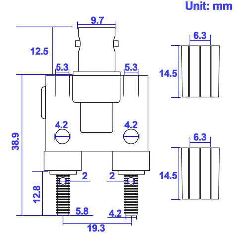 BNC Female To Dual Banana Female Binding Post RF Coax Splitter Adapter technical drawing dimensions in mm