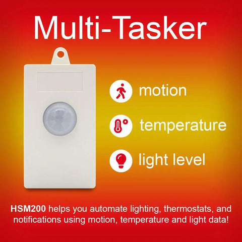 Smart Motion Temperature And Light Sensor HSM200 With Z-Wave Plus, AC Powered, showing motion, temperature, light level icons