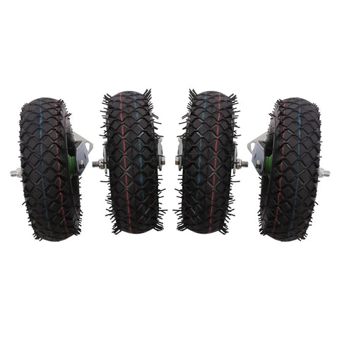 Heavy Duty 10 Inch Pneumatic Caster Wheels Set Of 4, Solid Rubber Air Tires on galvanized brackets close-up view.