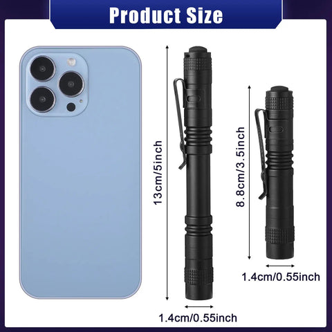 Mini LED Flashlight With Clip, Pocket Sized; size comparison with smartphone, aluminum penlight with 200 to 500 lumen output