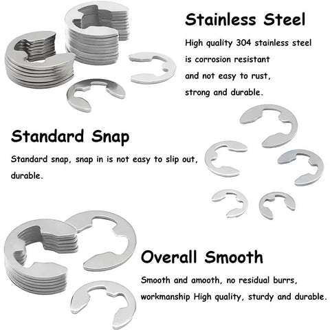 304 Stainless Steel E Clip Retaining Ring Set, 200 Pcs All In One Kit M1.5 To M10 External Rings For Washers Bearings Gears Pulleys