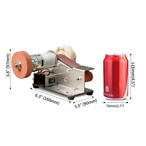Compact Mini Belt Sander Machine For DIY Knife Sharpening And Polishing, 6.3" long with electric motor for precision work.