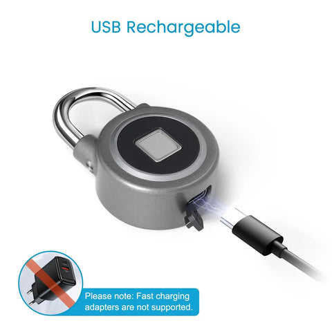 USB rechargeable feature of Fingerprint Bluetooth Padlock With Keyless Biometric Access, App Controlled, Water Resistant Lock, USB C port shown.