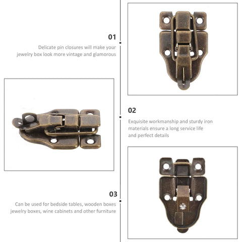 Retro Duckbilled Toggle Hasp Latch And Antique Padlock Kit for small jewelry boxes, bronze finish iron, various angles, 6.2x4 cm.
