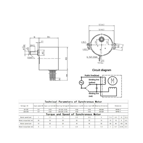 Technical diagram of Permanent Magnet Synchronous Motor With Speed Reducer, 110V AC High Torque Drive, Reversible Inversion, 8 RPM Output