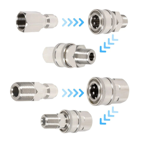 Set of 3/8-inch stainless steel quick-connect pressure washer fittings with NPT male and female adapters