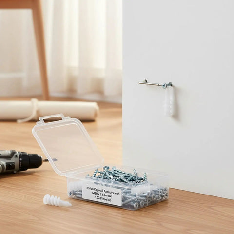 100-Pack M10 Nylon Drywall Anchors With Screws Kit For Hollow Walls shown with a single anchor installed into drywall