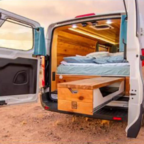 Open van with wooden cabinets, showing Beefy Full Extension Drawer Slides for Tool Boxes, Heavy Duty, 40 Inch Length.