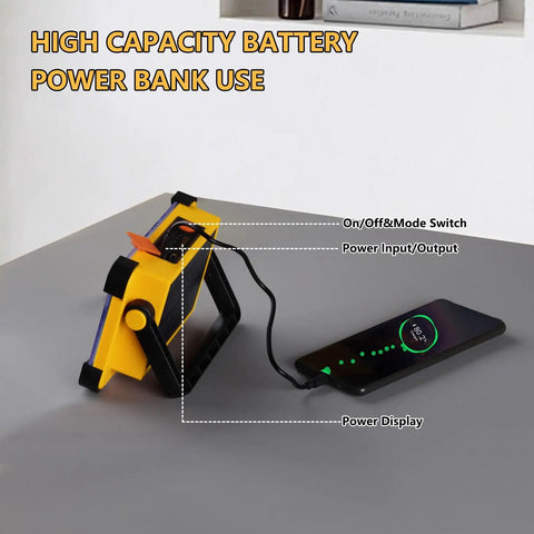 Rock Solid 120W Led Solar Work Light With Stand Blasts A Badass Ten Thousand Lumens Via Four Simple Switches Fully Rechargeable And IP65 Rated For Camping Fishing Car Detailing And Outdoor Chores Yellow
