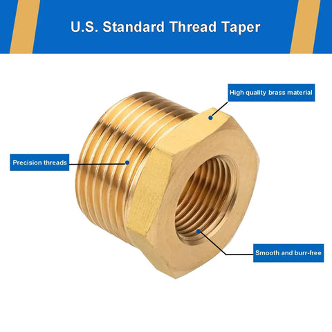 Brass hex reducer bushing, 1/2 in NPT male to 3/8 in NPT female, threaded pipe fitting, 4-pack