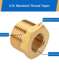 Three Quarter Inch MPT To One Quarter Inch FPT Brass Reducer Hex Bushing showing precision threads and high-quality brass material