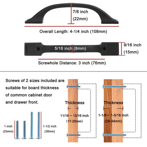 Diagram of Five Pack 3 Inch Oil Rubbed Bronze Cabinet Pulls with measurements and screw size information for kitchen cabinets.