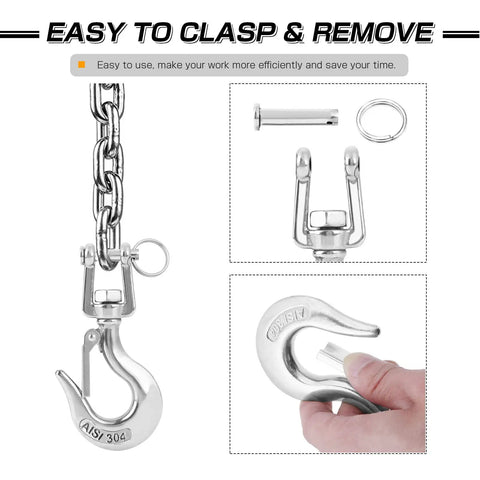 Heavy Duty Slip Hook And Clevis Hook Chain For Tow Winch And Trailer Stainless Steel Latch Safety Workhorse Hardware Three Sixteenth Inch 330 Lbs Load Capacity Built Tough For Lifting And Towing Corrosion Resistant, stainless hook on chain