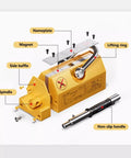 Detailed view of Heavy Duty Permanent Magnetic Lifter With Smooth Release Handle For Shop Cranes, showing components like magnet and non-slip handle.
