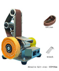 Compact Mini Electric Belt Sander For Desktop Use with 10pcs sanding belts for precise surface finishing.