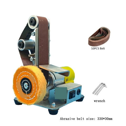 Compact Mini Electric Belt Sander For Desktop Use with 10pcs sanding belts for precise surface finishing.