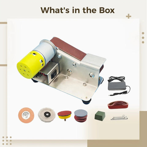 Heavy Duty Mini Electric Belt Sander Grinder Set For Benchtop Use With Polishing Wheel And Grinding Discs; tools and attachments included.