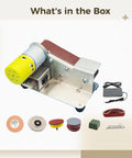 Badass Mini Bench Belt Sander And Grinder Combo Kit Featuring Mirror Polish Wheels and Grinding Discs Together With Ten Heavy Duty Sanding Belts For Quick Knife Sharpening And Wood Projects with included accessories.