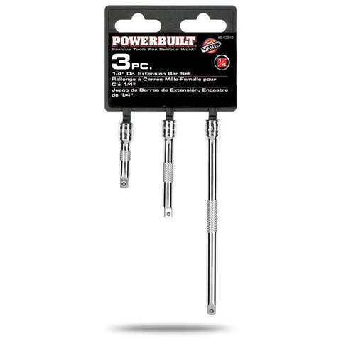 Quarter Inch Drive Extension Bar Set Three Piece With Two Inch Three Inch And Six Inch Extensions displayed on packaging.