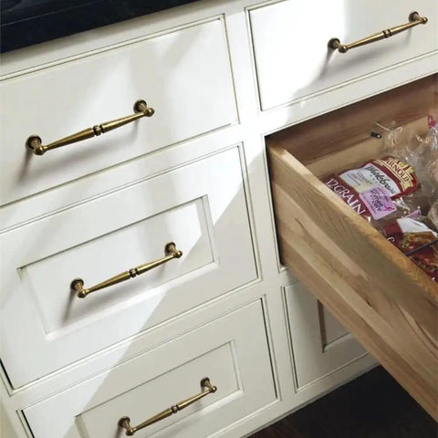 Vintage Yellow Bronze Cabinet Handles 6 Pack 320mm Drawer Knobs And Door Pulls For Kitchen Cupboards Antique Brass RB Finish Zinc Alloy Hardware Durable Zinc Alloy Construction With Electroplated Finish For Lasting Shine on white drawers with open wooden drawer showing contents