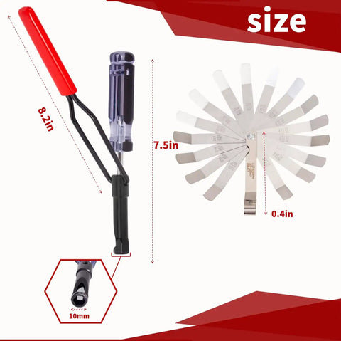 Pro Grade All In One Valve Adjustment Tool Set For 10mm Jam Nut With Angled Feeler Gauge, featuring size dimensions and handle view