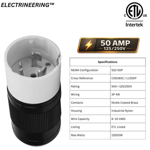 Beefy 50A 125 To 250V Twist Lock Plug CS6365C SS2-50P ETL For Generator Cords RV Shore Power Marine Applications Transfer Switches And Replacement Cables Now. ETL-listed nylon 50A 125/250V twist lock plug with nickel brass contacts