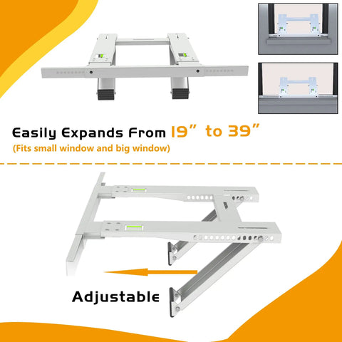 Drillless Window Air Conditioner Bracket For Easy Mounting showing adjustable steel frame expanding 19" to 39".