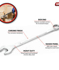 Jumbo 1 7 16 Inch 12 Point Combo Wrench Satin Chrome Finish For Tough As Nails Torque And Easy Clean Up with features labeled
