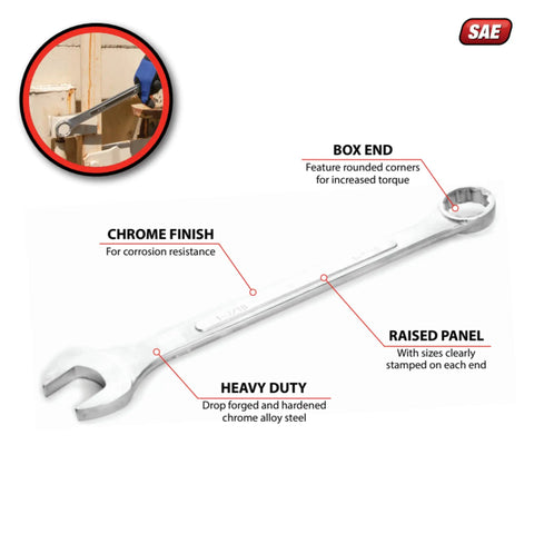 Jumbo 1 7 16 Inch 12 Point Combo Wrench Satin Chrome Finish For Tough As Nails Torque And Easy Clean Up with features labeled