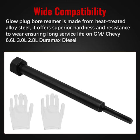 Pro Grade Glow Plug Bore Reamer Tool For Duramax Diesel Engines 6.6L 3.0L 2.8L L5P LM2 LWN LZ0 with gloves, alloy steel