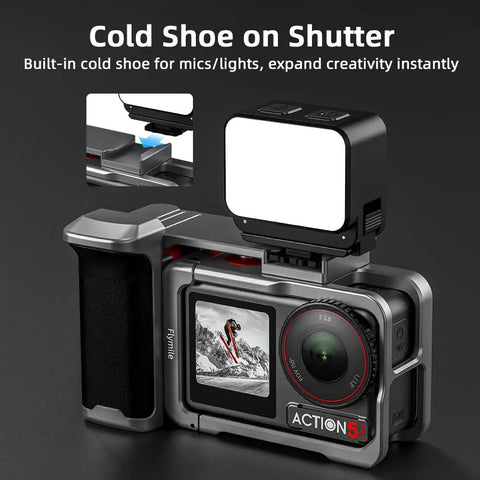 Grip Kit For DJI Action 5 Pro 4 3 With Cage showing cold shoe mount for accessories on Osmo Action camera.