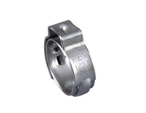 Close-up of a 304 stainless steel cinch clamp from Pack Of 100 Half Inch PEX Brass Fittings And Stainless Steel Clamps Kit With Tee, Elbow, And Coupling, 70 Clamps, 10 Each Fittings, Lead Free PEX, DZR Brass, 304 Stainless Cinch Clamps For Corrosion Resistant Home Plumbing Must Have