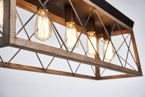 5 Light Wood And Metal Kitchen Island Pendant Chandelier With Rustic Farmhouse Industrial Vibe, oak frame and E26 bulbs close-up