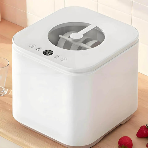 Space Saving Countertop Dishwasher With Responsive Touchscreen And Deep Clean Sterilization Making It A Straight Up Kitchen Lifesaver For Tight Apartments Campers And Dorm Rooms on wooden counter.