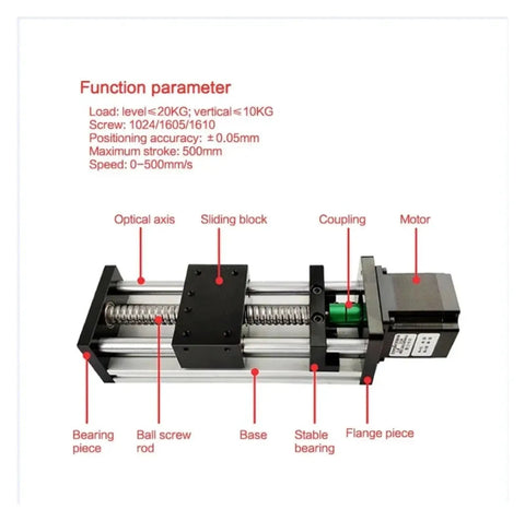 Rock Solid Linear Guide Ball Screw Sliding Table With 50 To 400 Millimeter Stroke For XYZ Axis Motion Control NEMA 23 Stepper Compatible Smooth Accurate Travel For CNC Machines And 3D Printers, showing labeled components and specifications.