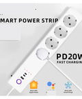 Straight Up Heavy Duty Smart Power Strip With Four EU Outlets And Serious 3500 Watt Surge Capacity Voice And App Controlled Extension Board Matter Ready For Hassle Free Smart Home Setup, white power strip with four EU outlets and USB ports.