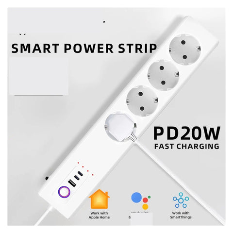 Straight Up Heavy Duty Smart Power Strip With Four EU Outlets And Serious 3500 Watt Surge Capacity Voice And App Controlled Extension Board Matter Ready For Hassle Free Smart Home Setup, white power strip with four EU outlets and USB ports.