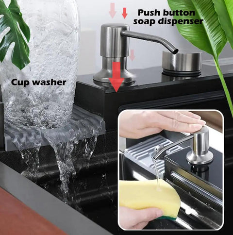 Stainless Steel Sink with Detachable Faucet Ello da Raindance Design Dual Waterfall (80×46×22cm) - Cup washer and soap dispenser.