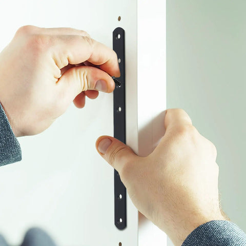 Installing 4 Pack Black Stainless Steel Straight Brace Plates For Wood Thick Flat Brackets on furniture corner