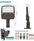 Dimensions and parts of Super Bright LED Parking Lot Light With Dusk-to-Dawn Photocell, 150W/100W/75W Adjustable, shown