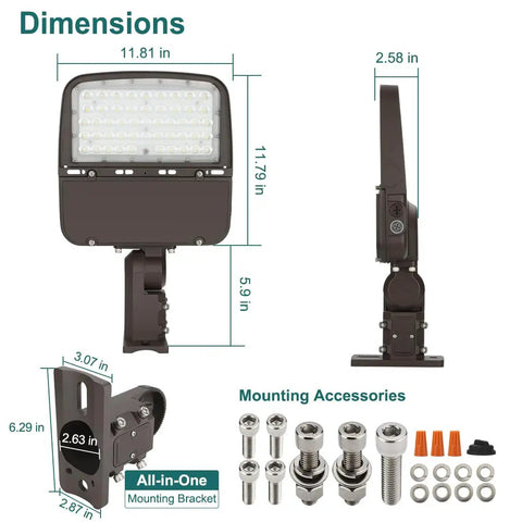 Dimensions and parts of Super Bright LED Parking Lot Light With Dusk-to-Dawn Photocell, 150W/100W/75W Adjustable, shown